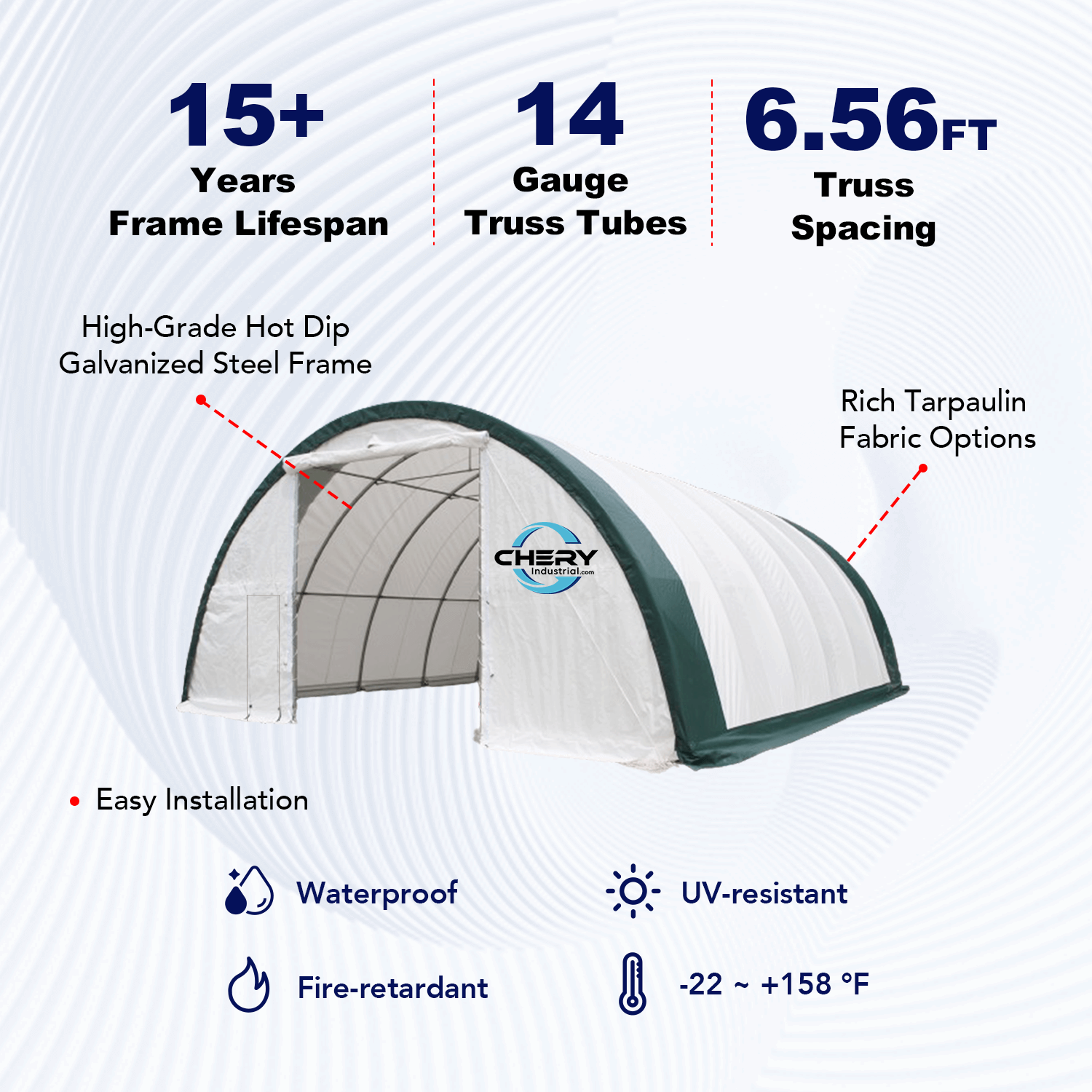 Single Truss Arch Storage Shelter W30'xL65'xH15' Feature